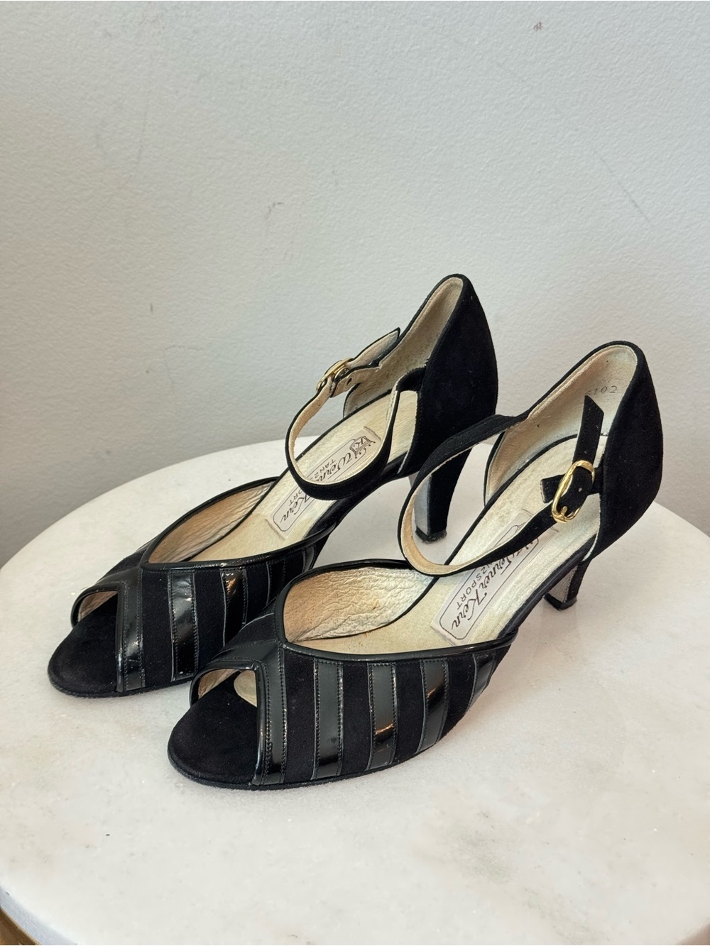 Werner Dance Shoes Back Peep-Toe Ankle Strap Heels with Gold Buckle Sz 3